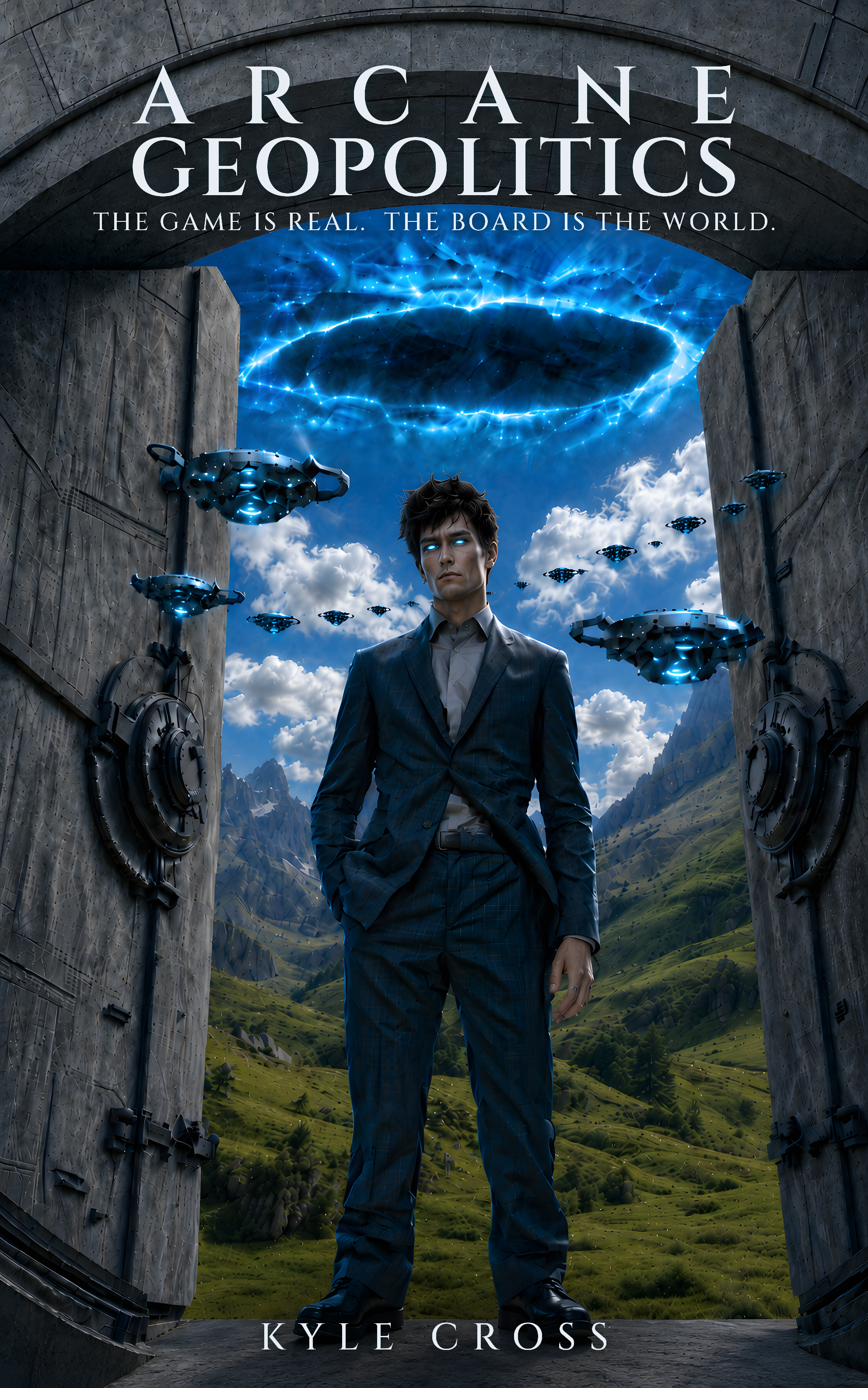 Arcane Geopolitics cover — a man in a suit stands in an alien stone doorway beneath a glowing mana rupture