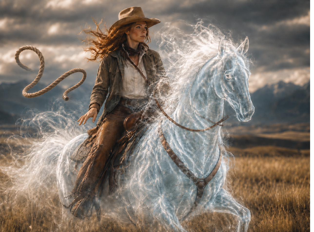 Sable Hayes — a rope-wielding gunslinger riding a horse made of light across the plains